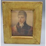 English School (early C19th): bust length miniature portrait of a man in giltwood frame,