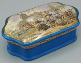 C19th blue Prattware shaped rectangular box, top printed with a battle scene, gilt detail, printed