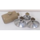 Three acetylene lamps and a stoneware hot water bottle