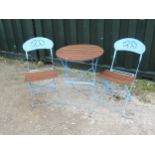 Patio style folding table and chairs, with wooden slat top and blue painted folding frames (3)