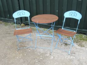 Patio style folding table and chairs, with wooden slat top and blue painted folding frames (3)