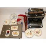 Underwood typewriter; Union Jack linen flag; WWI French silk and sweetheart postcards; wooden