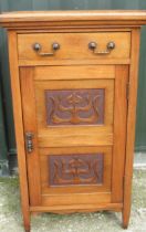 C20th walnut side cabinet, single drawer above a door carved with Art Nouveau foliage, on square