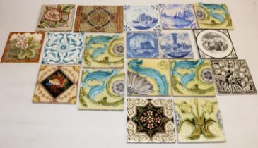 Collection of eighteen C19th fireplace tiles, incl. transfer printed and relief designs, TA Simpson,