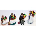 Four Royal Doulton balloon seller figures: Balloon Girl HN2818, Biddy Pennyfarthing HN1843, The