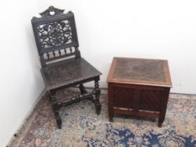 Victorian oak side chair with pierced scroll carved and balusters turned back, and carved solid seat