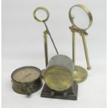C19th brass adjustable magnifier on circular base H20cm, later similar magnifier H23cm, Reavell &