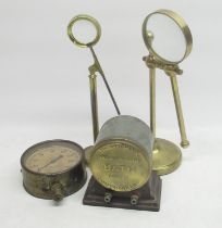 C19th brass adjustable magnifier on circular base H20cm, later similar magnifier H23cm, Reavell &
