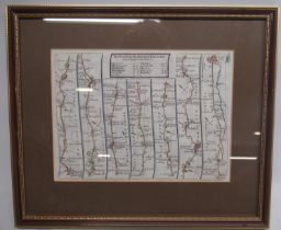 C18th road map of Hereford to Leicester, hand coloured on paper, John Senex c1719, 16cm x 22cm