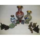 C20th Chinese cloisonne vases, match box holders, metal warlord figurines and other Chinese