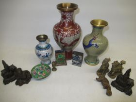 C20th Chinese cloisonne vases, match box holders, metal warlord figurines and other Chinese