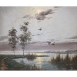 G. Brouwer (Continental C20th); Ducks in flight in a moonlit river landscape, oil on canvas, signed,