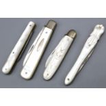 Two George V hallmarked silver folding soft fruit knives with mother of pearl handles, Harrison
