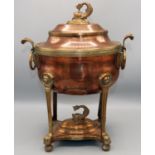 Victorian Regency Revival copper oval Samovar, with fish finial and two scroll and ring handles,