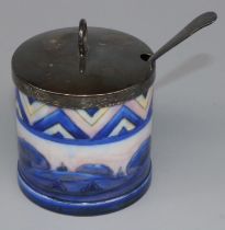 Moorcroft Pottery: Blue Dawn condiment pot, with cover and spoon, impressed marks, H8cm