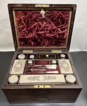 Victorian rosewood dressing case, fitted interior with mirror, lift out tray, ten EPNS topped