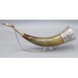 Russian hallmarked silver mounted cow horn, repousse with leaf and scrolls on a matted ground, L28cm
