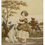 Victorian coloured woolwork study of a young girl with a bird and a dog in a garden landscape,