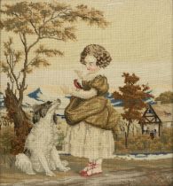 Victorian coloured woolwork study of a young girl with a bird and a dog in a garden landscape,