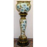 Burmantofts Faience jardiniere on pedestal, relief decorated with blue Peony flowers and green
