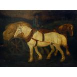 English Naïve School (Early C20th); Wool bales on a cart pulled by grey and brown horses, oil on