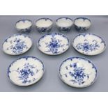 Four early Worcester Mansfield pattern blue and white tea bowls and five saucers, with Crescent or