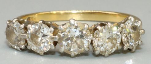 18ct yellow gold five stone diamond ring, set with five brilliant cut diamonds, in claw settings, on