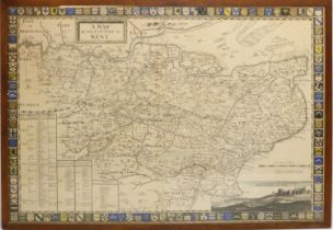 C18th map of the County of Kent by Samuel Parker 1719, with panorama of Dover Castle and Town,