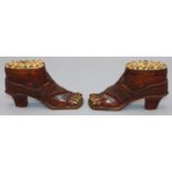 Pair of C19th carved treen snuff boxes in the form of ladies feet in open toed shoes, inset bone