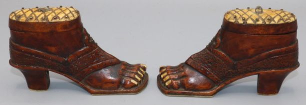 Pair of C19th carved treen snuff boxes in the form of ladies feet in open toed shoes, inset bone
