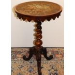 Victorian rosewood tripod table, circular tilt top with shaper frieze and inset with a coloured