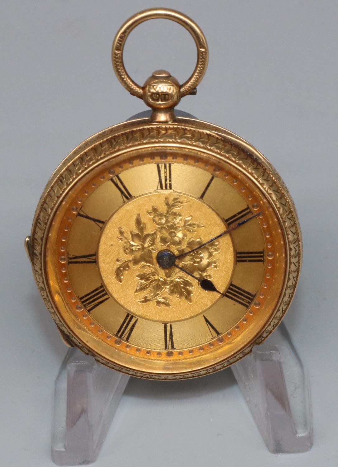 18ct gold hallmarked open faced key wound fob watch, floral and engine turned Roman dial, movement