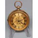 18ct gold hallmarked open faced key wound fob watch, floral and engine turned Roman dial, movement