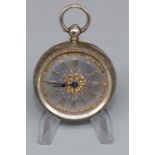 Silver open faced key wound pocket watch, with floral and engine turned Roman dial, engraved case