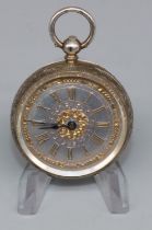 Silver open faced key wound pocket watch, with floral and engine turned Roman dial, engraved case