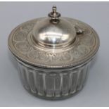 Victorian hallmarked silver mounted clear glass honey pot, beaded scroll engraved mount with