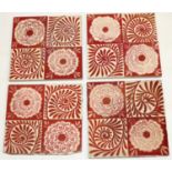 **WITHDRAWN** Set of four William De Morgan Rose and Scroll pattern square tiles, painted in ruby