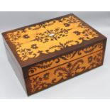 Victorian satinwood inlaid rosewood rectangular sewing box, hinged top with mother of pearl