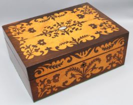 Victorian satinwood inlaid rosewood rectangular sewing box, hinged top with mother of pearl