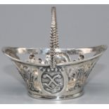 Small C20th continental silver oval basket, with fleurs de lys pierced tapering sides and
