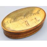 Early C19th horn oval table snuff box, cover inscribed Adam Cottrell, W10cm D6cm H2.5cm