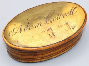Early C19th horn oval table snuff box, cover inscribed Adam Cottrell, W10cm D6cm H2.5cm