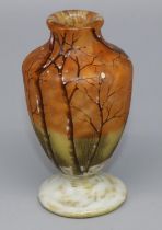 Small Art Nouveau Daum Nancy "Winter Forest" vase, colourless glass with coloured overlay, cut and