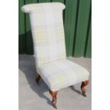 Victorian pre-dieu chair, upholstered in grey and green tartan fabric, on cabriole legs