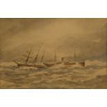 I J Allerston (British early C20th): Three masted sailing ship and a steam ship in a heavy swell,