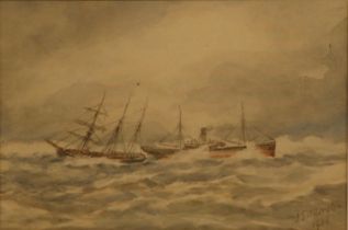 I J Allerston (British early C20th): Three masted sailing ship and a steam ship in a heavy swell,