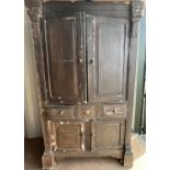 C19th country made painted pine cupboard, with two panel doors, two real and one faux drawers