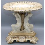 Victorian Copeland Parian and gilt figural comport, circular top with pierced rim supported by three