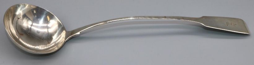 George 111 hallmarked silver Fiddle pattern soup ladle, engraved with crest, London probably 1768,