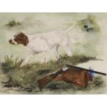 P. Moneta (C20th); Pointer with gun, bag and flask in a landscape, watercolour, signed, 30cm x 39cm